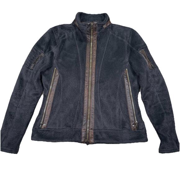 KUHL Moto-Vation Black Fleece Leather Trim Full Zip Jacket Women's Size Large - Picture 1 of 10